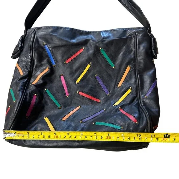 Vintage 1980s Judi Simon USA Black Leather Purse Rainbow Accents Shoulder Strap - Picture 7 of 12